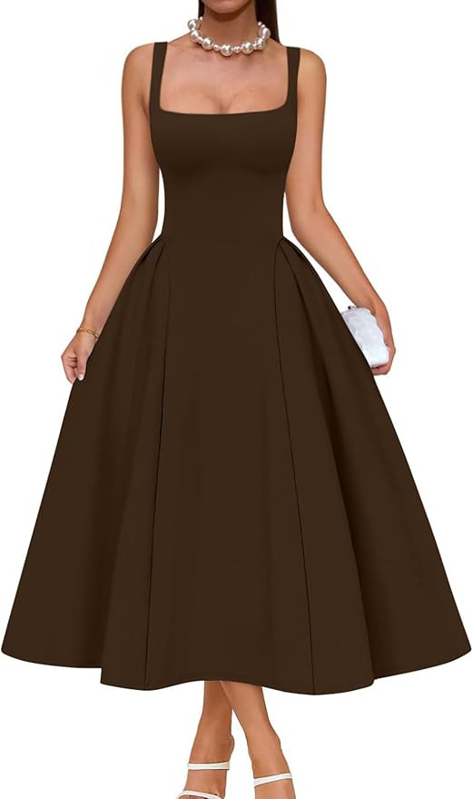 Memoriesea Women's Swing A Line Wedding Guest Party Midi Dress | Square Neck,Elastic Waist A Line... | Amazon (US)