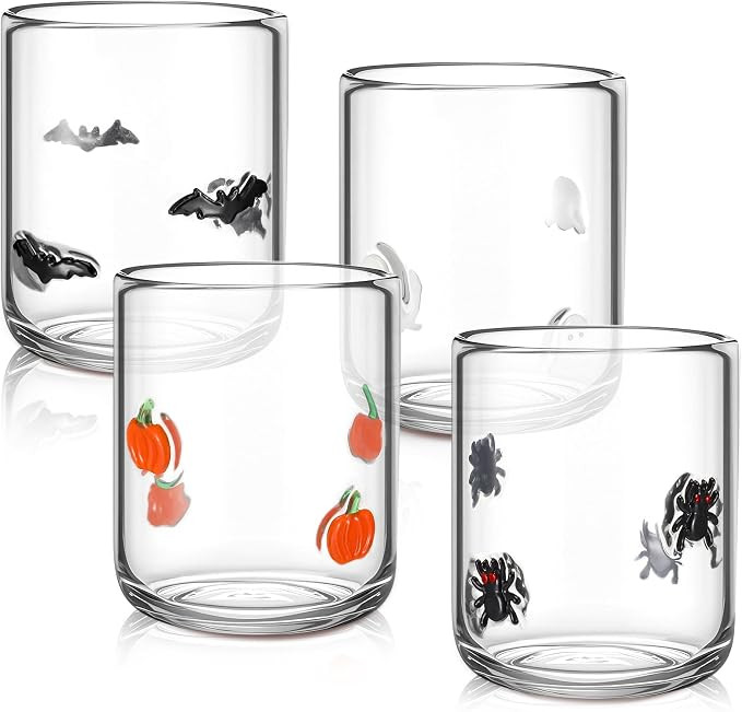 Skylety 4 Pcs Halloween Icon Glass Cups Set - 16oz Pumpkin Spider Bat Ghost Stemless Wine Glasses... | Amazon (US)