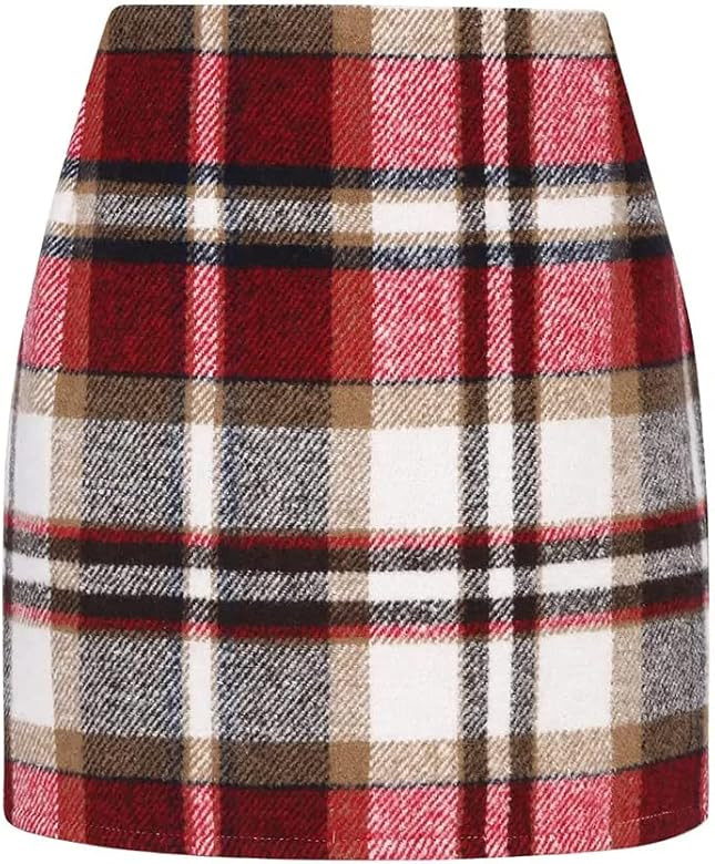 Kinghua Womens Wool Plaid Mini Skirt Fall Winter High Waisted Bodycon Pencil Skirt | Amazon (US)