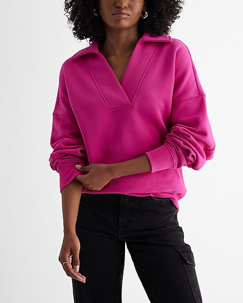Relaxed V-Neck Fleece Polo Sweatshirt | Express