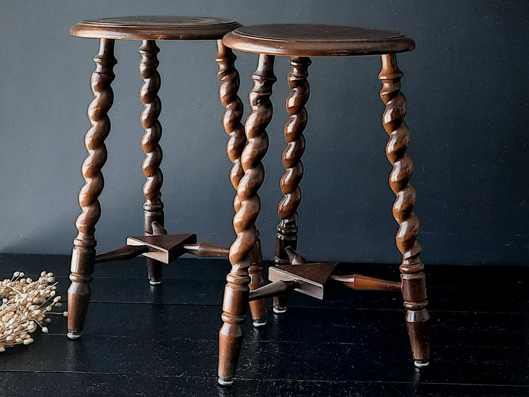 Pair of Antique French Turned Wood Tripod Stool, Rustic Oak Stool Wood with Turned Legs, Wooden S... | Etsy (US)