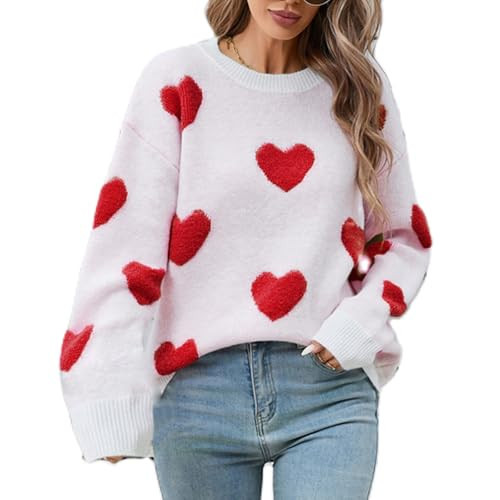 Women Valentines Day Sweater Long Sleeve Embroidery Heart Sweater Oversized Knitted Pullover Jumper Tops (Light Red, S) | Amazon (US)