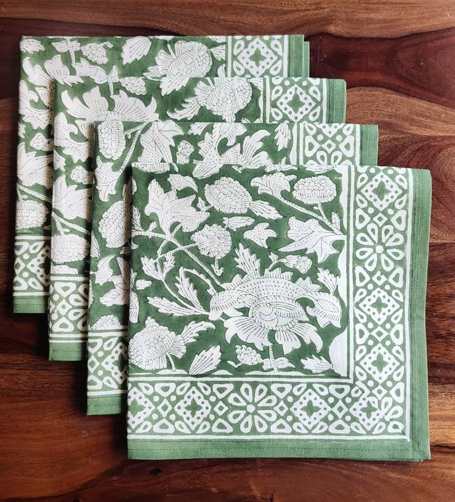 ATOSII Meraki Green Cloth Napkins, Handblock Print 100% Cotton Designer Set of 4 Table Linen, Per... | Amazon (CA)