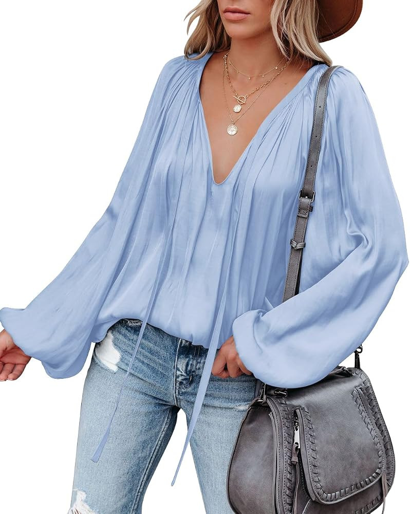 LAMISSCHE Womens Sexy Deep V Neck Blouse Lantern Long Sleeve Chiffon Shirt Oversized Drawstring S... | Amazon (US)