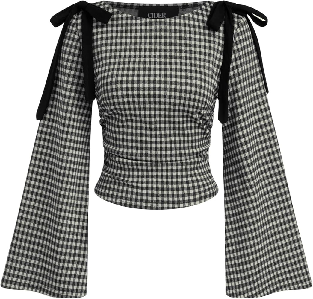 CIDER Tops Gingham Bowknot Ruched Long Sleeve Boat Neck Slim Fit Top | Amazon (US)