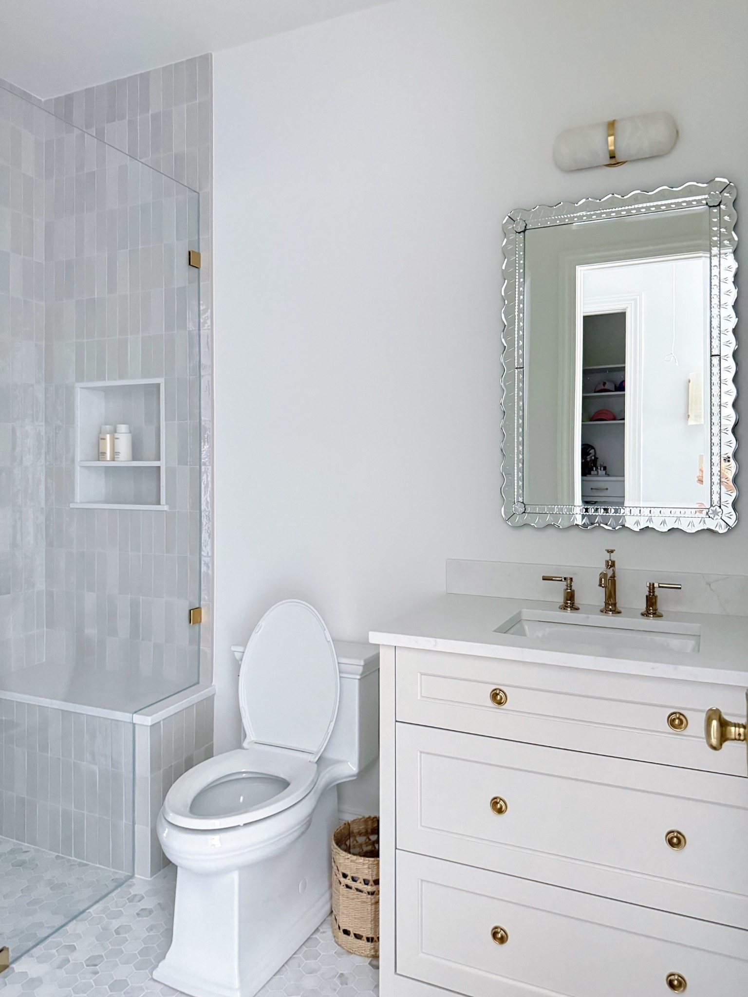 Sources from my daughter‘s bathroom include this gorgeous scalloped mirror and marble pill sconce. Cute and affordable target accessories.

#LTKHome