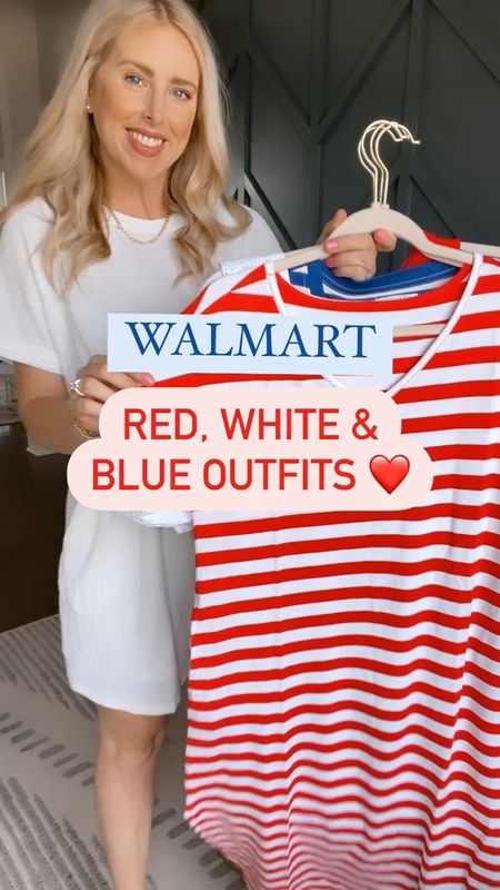 Walmart red, white and blue outfits, patriotic outfits, time and tru, 4th of July outfit, midi dress, red stripe dress, t-shirt dress, gingham shorts, $10 dress

#LTKunder50 #LTKshoecrush #LTKSeasonal