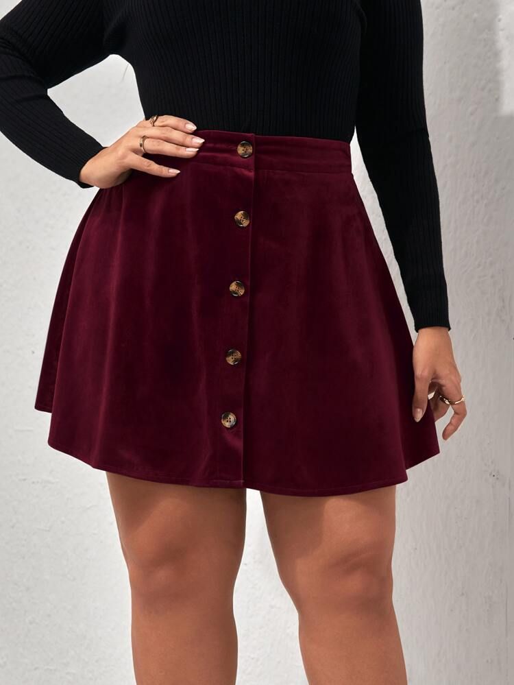 Plus Button Front Velvet Skirt | SHEIN