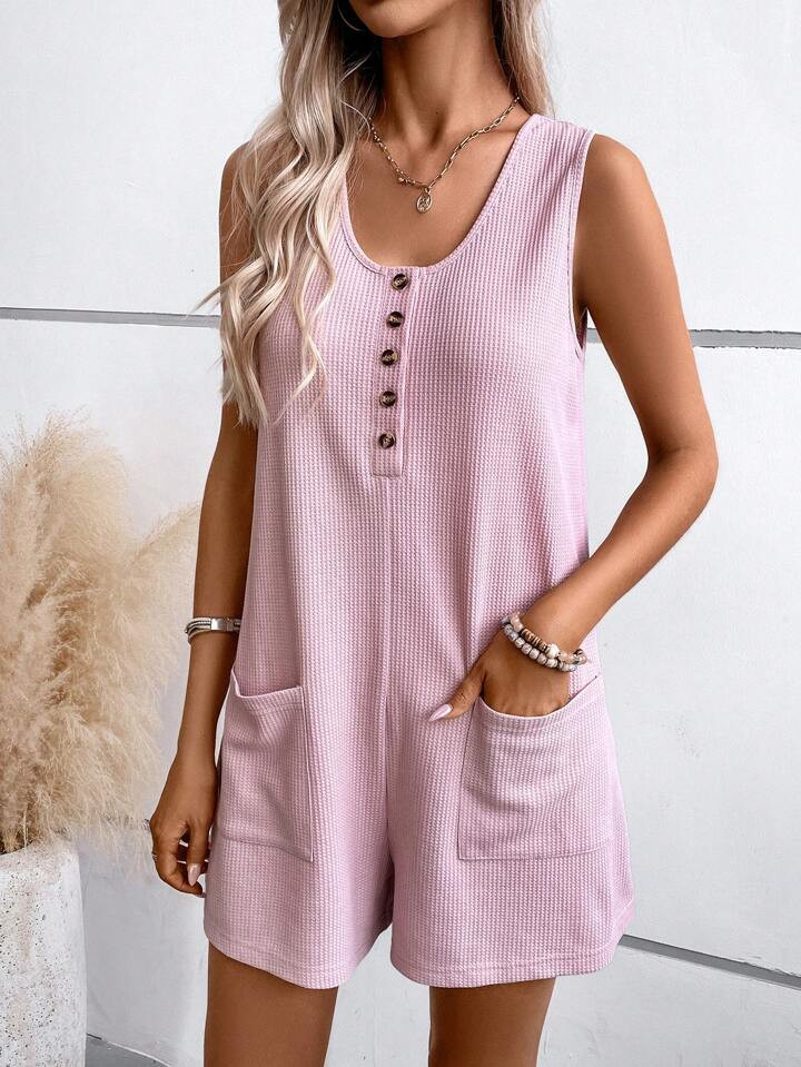 Luneh Half Button Dual Pocket Tank Romper | SHEIN