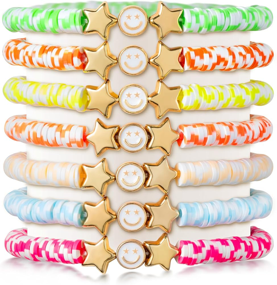 LieToi Preppy Heishi Bracelets Set Colorful White Gold Smile Heart Star Evil Eye Beaded Polymer C... | Amazon (US)