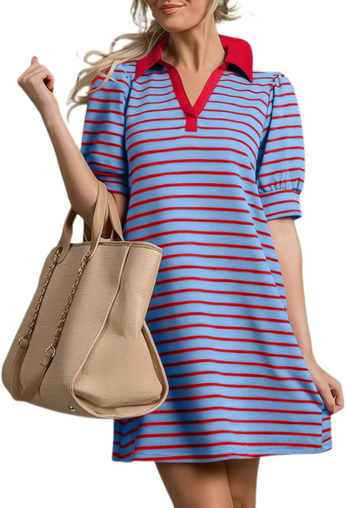 BLENCOT Women's Casual Polo V Neck T Shirt Striped Dress Summer Puff Short Sleeve MIdi Dresses | Amazon (US)