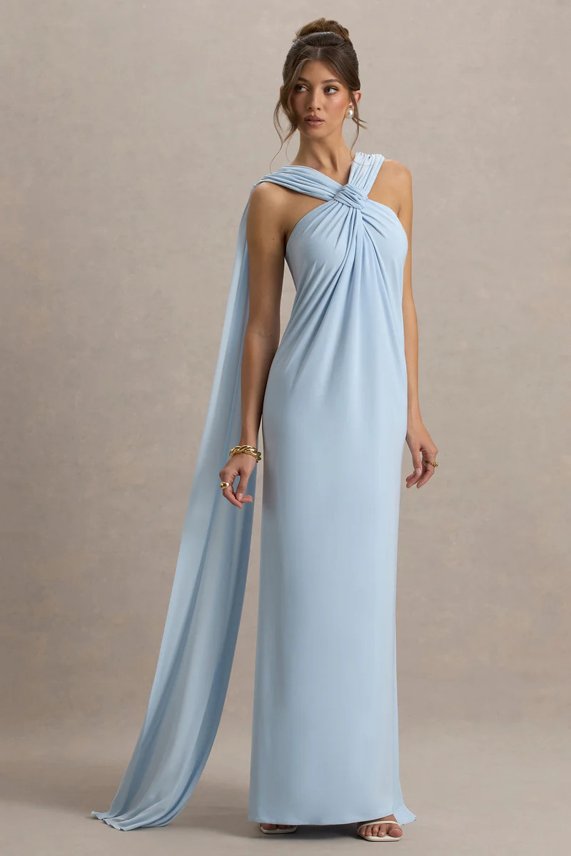 Ariana  Powder Blue Cross-Neck Maxi Dress With Cape | Club L London
