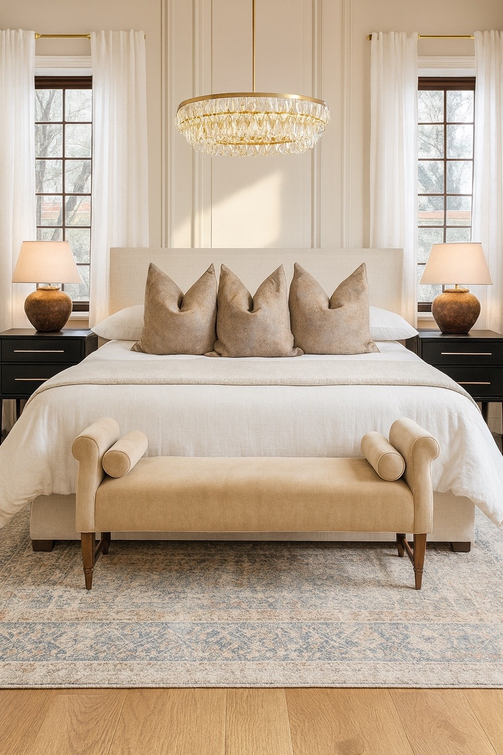 Primary bedroom furniture, master bedroom, guest bedroom, traditional bedroom, transitional bedroom, nightstand, upholstered bed, area rug, bedroom bench, bedroom chandelier, lamp, bedroom lamp, neutral bedroom, curtains, neutral curtains, triple pleat pinch curtains, affordable furniture, good quality furniture, wayfair, Loloi

#LTKHome #LTKFamily #LTKFindsUnder100