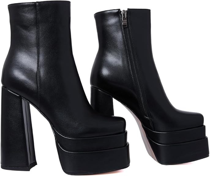 MeiLuSi Platform Boots for Women Square Toe Platform Chunky Heels Black Boots Fashion Platform Co... | Amazon (US)