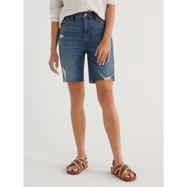 Time and Tru Women's Destructed Hem Denim Bermuda Shorts, 8.5” Inseam, Sizes 2-20 | Walmart (US)