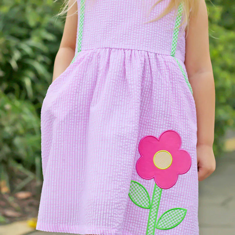 Flower Applique Pink Seersucker Check Dress | Classic Whimsy