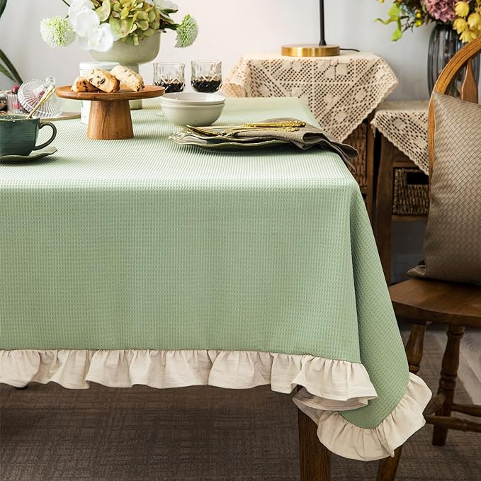 Waffle Weave Textured Rectangle/Oblong Tablecloth with Cotton Retro Ruffle Trim Solid Table Cover... | Amazon (US)