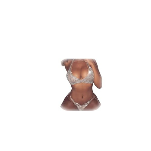 Women Sexy Rhinestone Bra Panties Sets Statement Crystal Bikini Underwear Thong Body Chain Jewelry Top Bra Brief Sequin Crop Top for Nightclub Party(Bra and Thong Set) | Amazon (US)
