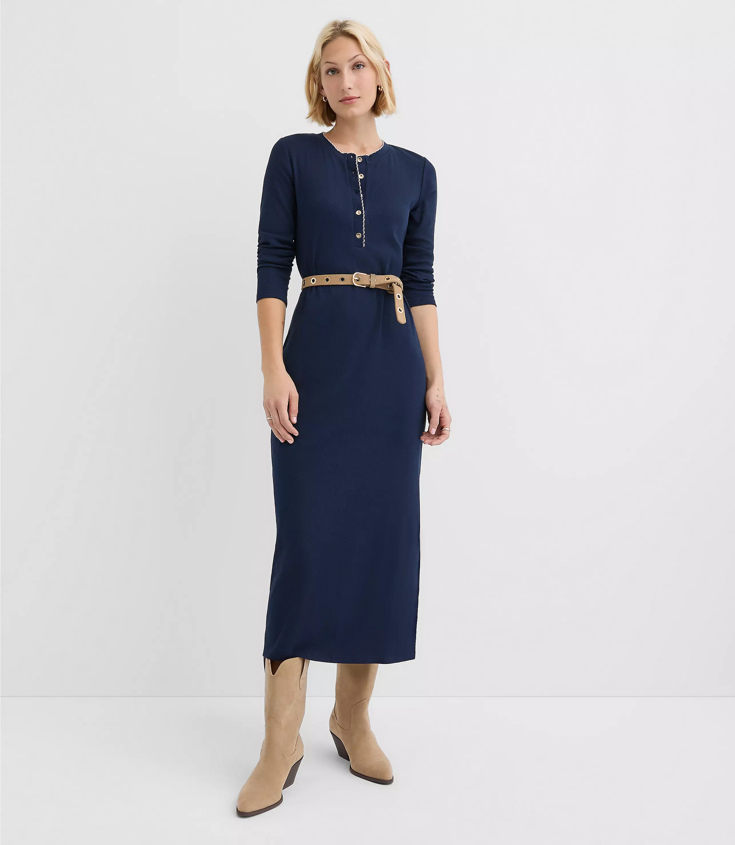 Scalloped Ribbed Henley Midi Dress | LOFT