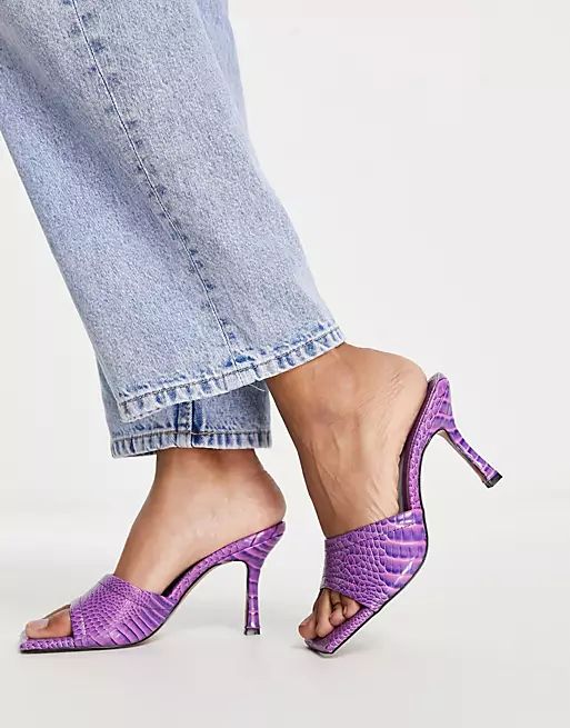 ASOS DESIGN Harvey mid heeled mule sandals in purple croc | ASOS (Global)