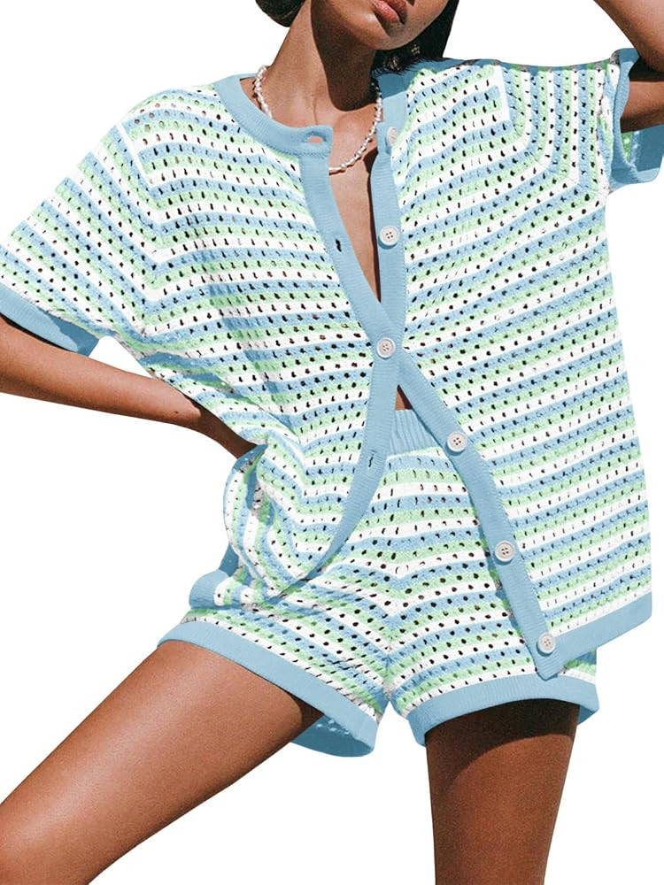 Saodimallsu Womens Crochet Swimsuit Coverup Summer Beach Sets Striped Knit Short Sleeve Button Sh... | Amazon (US)