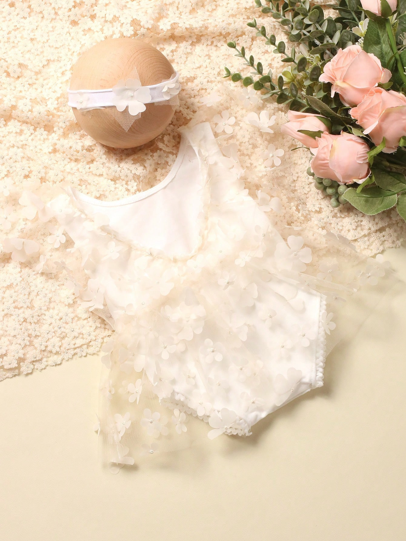 Newborn Photography Appliques Mesh Bodysuit With Headband Prop | SHEIN