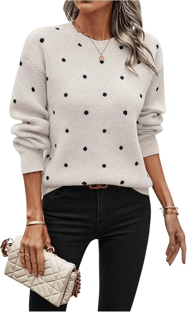 MakeMeChic Women's Polka Dots Sweaters Long Sleeve Fall Sweater Round Neck Knitted Tops | Amazon (US)
