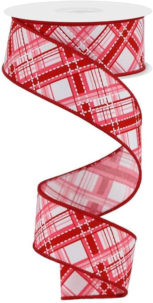 Pink and Red Diagonal Dash Plaid Glitter Wired Edge Ribbon (1 1/2 inch x 10 Yards) Durable Fabric... | Amazon (US)