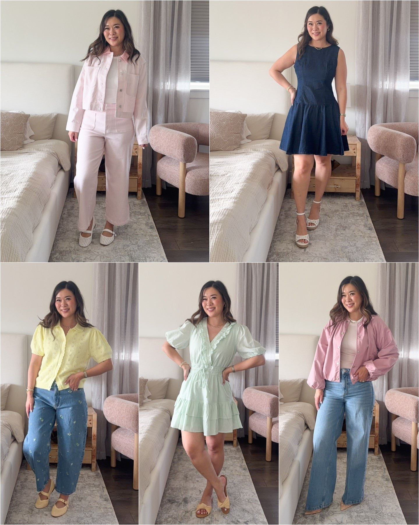Walmart Spring Outfits // Look for less 

Pink Striped Jacket: Medium
Pink Striped Denim: 8
Denim Dress: Medium
Yellow Cardigan: Large
Floral Barrel Denim: 8
Mint Ruffle Dress: Small
Layered Tee: Medium
Wide Leg Denim: 8
Pink Bomber Jacket: Medium