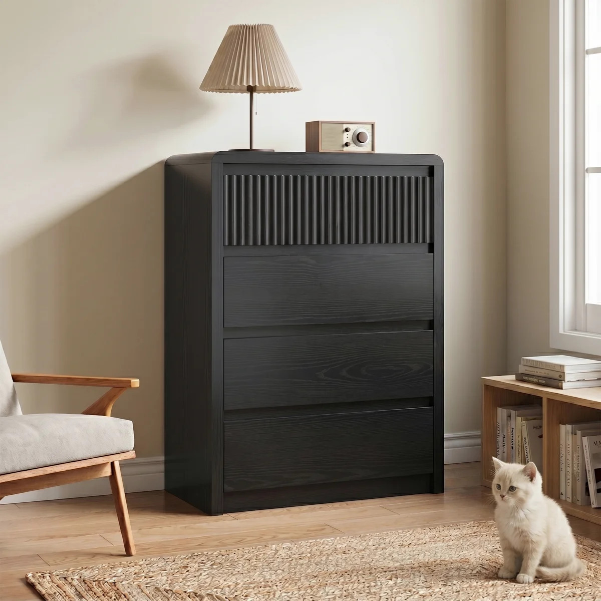 4-Drawer Fluted Chest of Drawers, Natural Wood Finish Tall Dresser with Hidden Pull Handles, Anti... | Wayfair North America