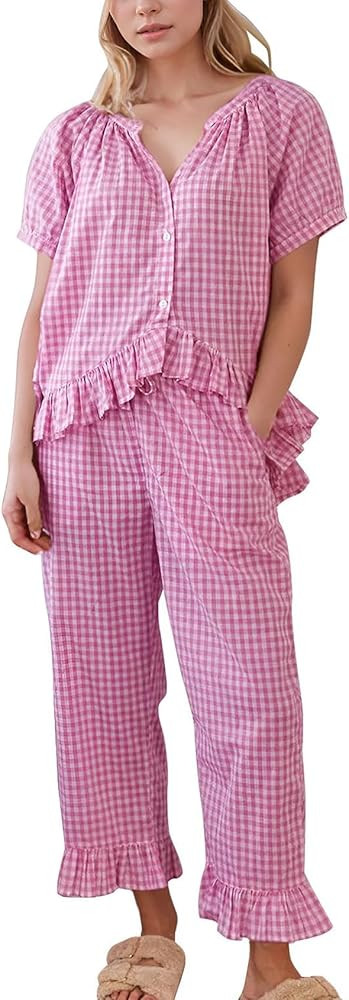 Womens 2 Piece Gingham Pajamas Set Cute Plaid Pjs Cotton Short Sleeve Babydoll Shirt Ruffle Pants... | Amazon (US)