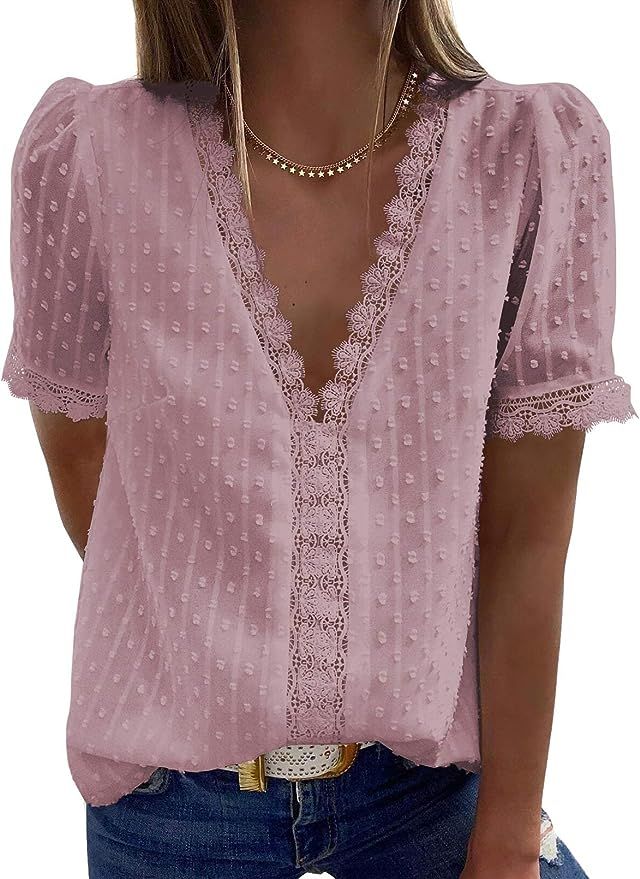 FARYSAYS Womens Summer Lace Tops V Neck Short Sleeve Shirts Vintage Elegant Polka Dot Blouses Tun... | Amazon (US)
