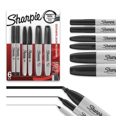 Sharpie 6pk Permanent Markers Ultra Fine/Fine/Chisel Tip Black: Art Stationery, Fadeproof, Office Supplies, Thick & Thin Tips | Target