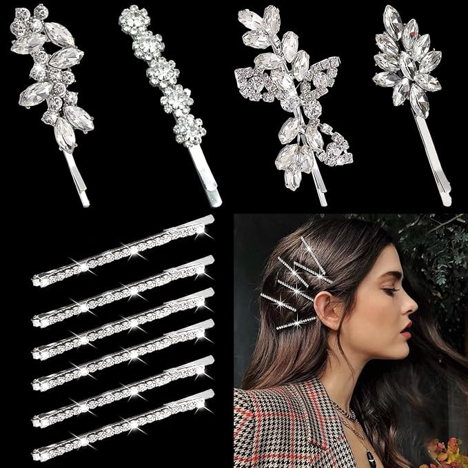 10 Pieces Rhinestone Hair Pins, Silver Leaf hair clips Crystal Wedding Hair Clips for Brides, Ele... | Amazon (US)