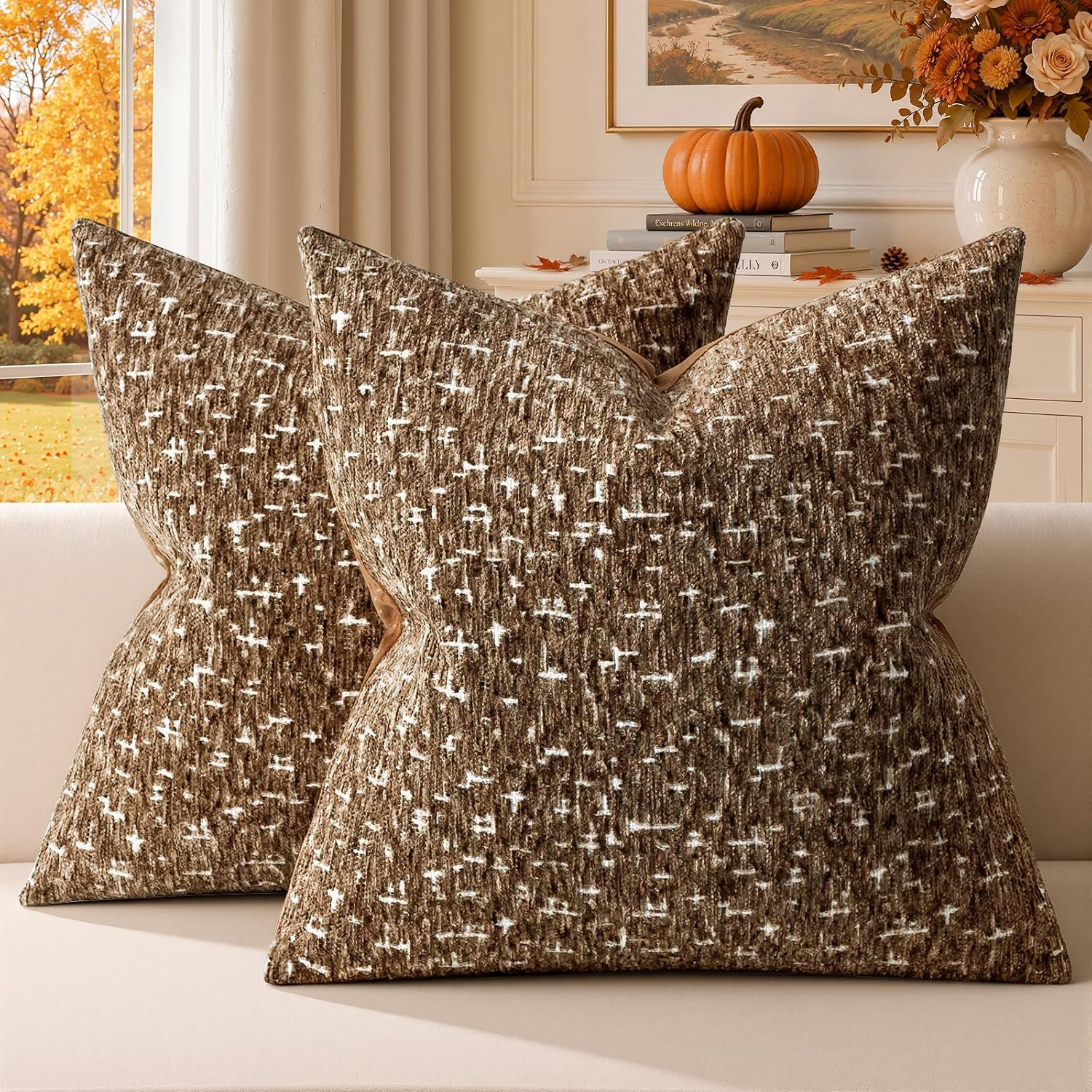 A Moment Brown Textured Reversible Throw Pillow Covers, Modern Geometric Cushion Cover with Abstract Starburst Pattern, Woven Pillowcase for Sofa Couch Living Room Bedroom Home Decor 20x20 Inch 2 Pack | Amazon (US)