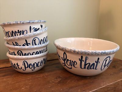 Vintage Ellis Prods Crock Popcorn Bowls Set "Thats all Folks" Spongeware rim | eBay US