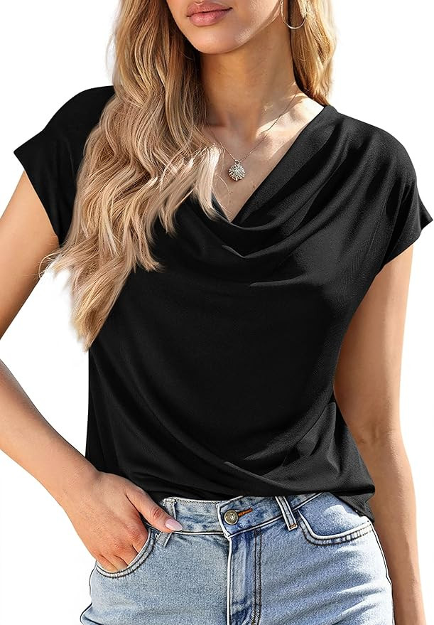 PRETTYGARDEN Womens Tops Dressy Casual Clothing 2026 Summer Cowl Neck Short Sleeve Blouses Spring... | Amazon (US)