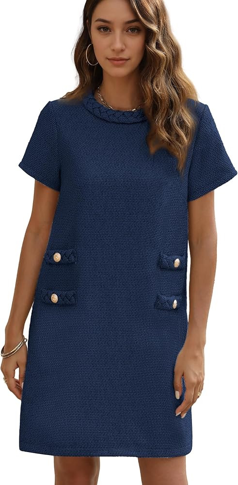 Women's Tweed Dress Short Sleeve Crew Neck A-line Party Vintage Mini Skirt Causal Dresses | Amazon (US)