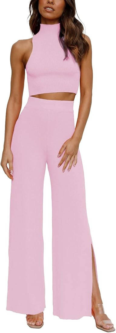 ARTFREE Womens 2 Piece Outfits Sets Casual Sweatsuits Streetwear, Ribbed Knit Palazzo Wide Leg Pa... | Amazon (US)