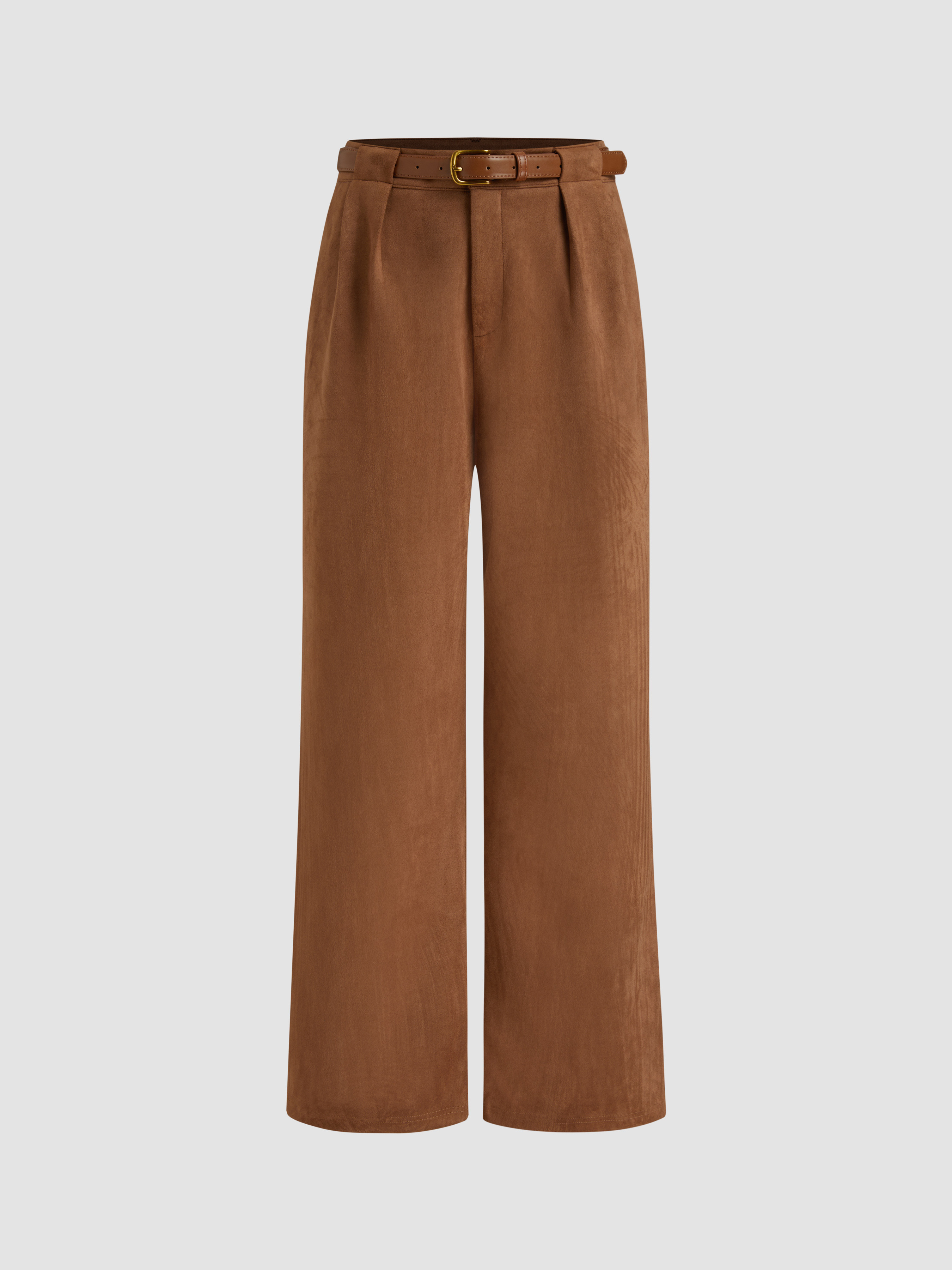 Suede Suede Mid Rise Pocket Wide Leg Trousers With Belt For Vacation | Cider
