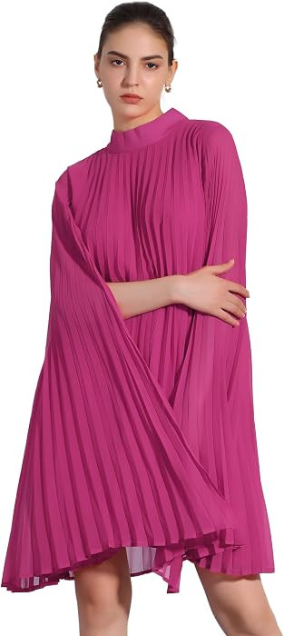 Allegra K Women Chiffon Pleated Flowy Cloak Sleeve Cape Knee Length Dress | Amazon (US)