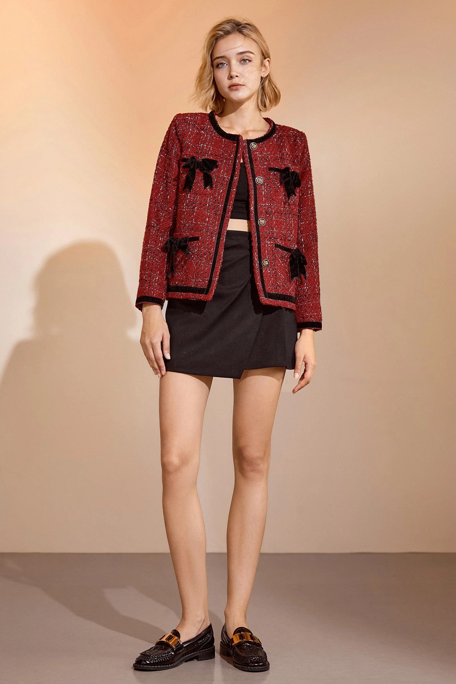 Finlay Fire Brick Bow Textured Jacket | J.ING