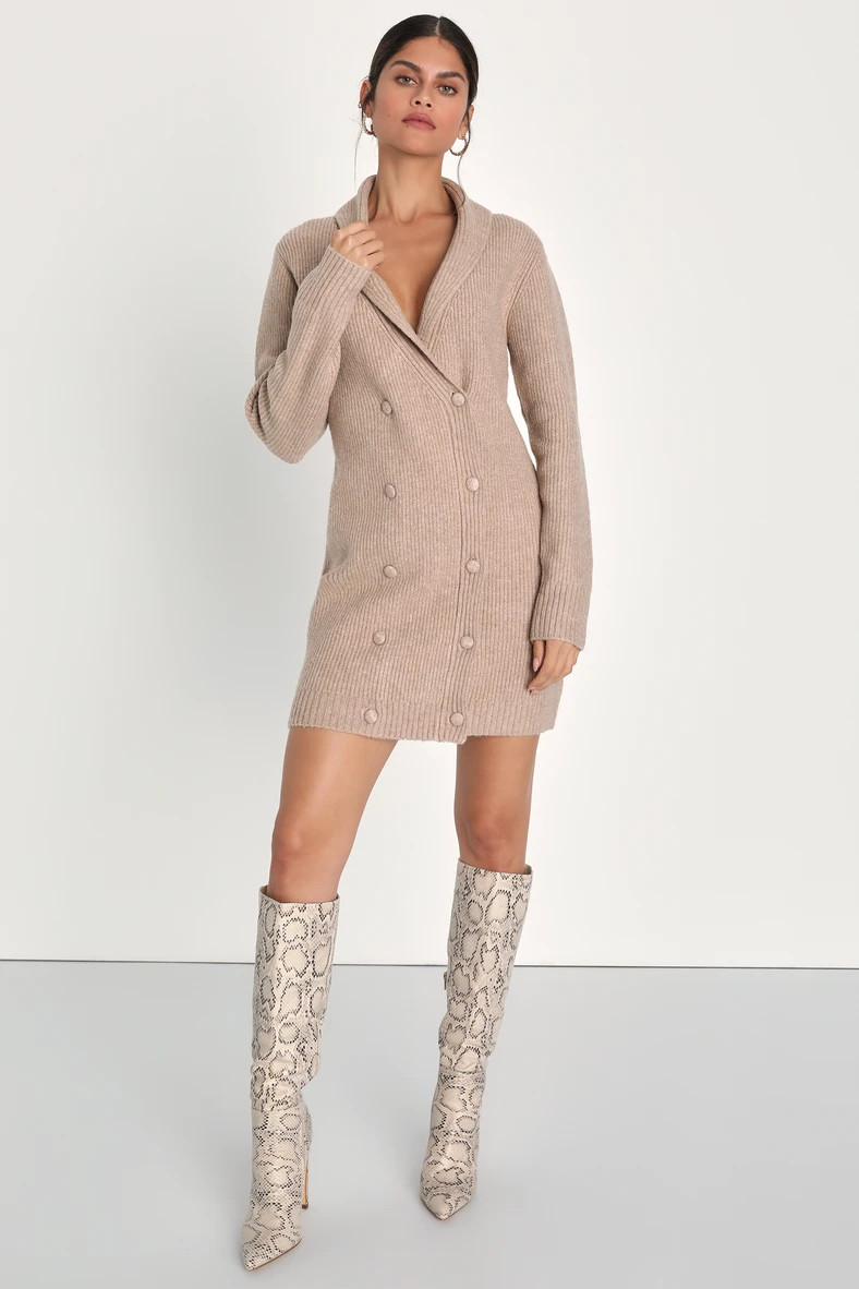 Warmest Aesthetic Beige Button-Front Cardigan Sweater Mini Dress | Lulus (US)