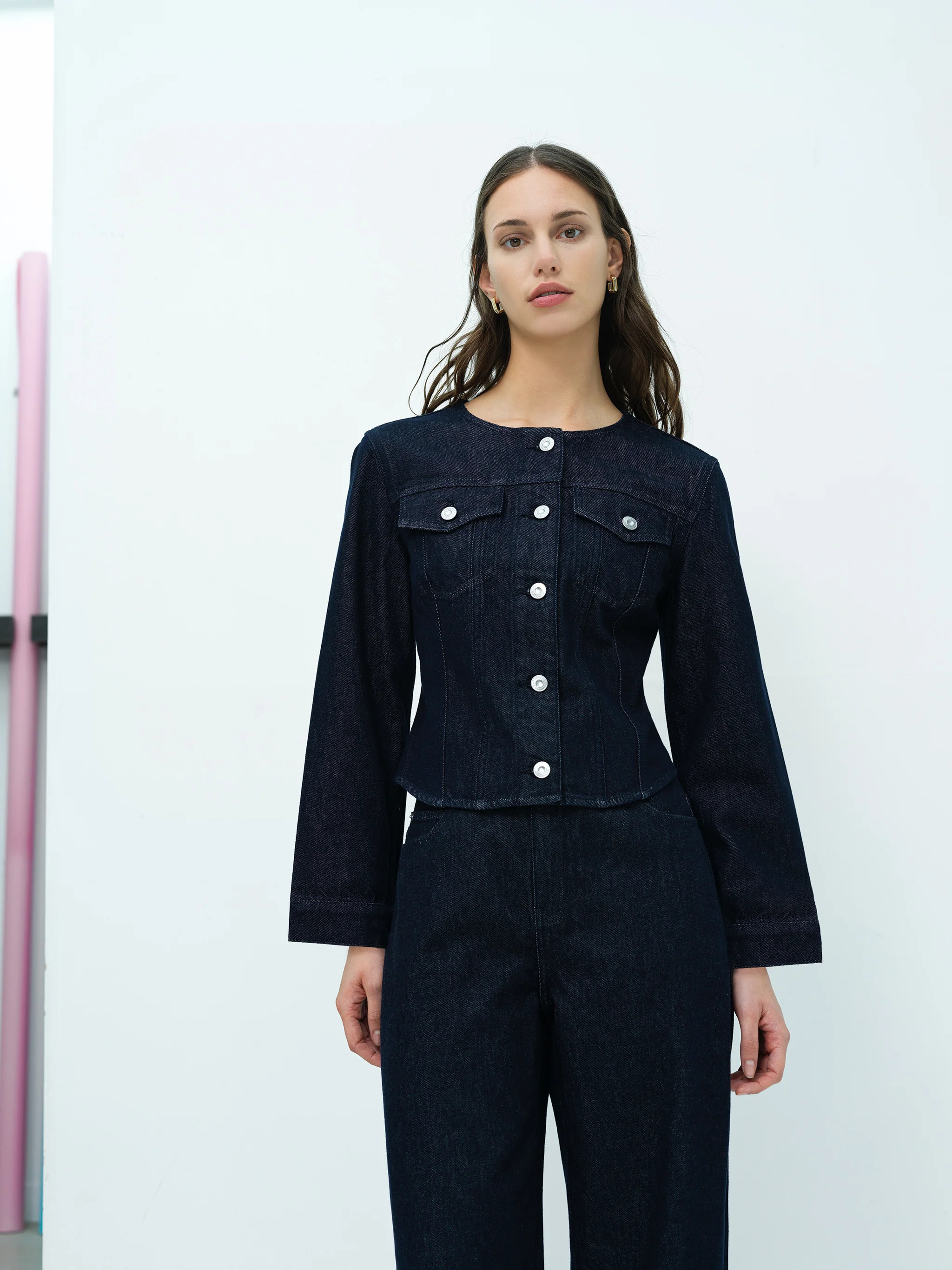 Misa Dark Wash Blue Fitted Collarless Denim Jacket | French Connection (UK)