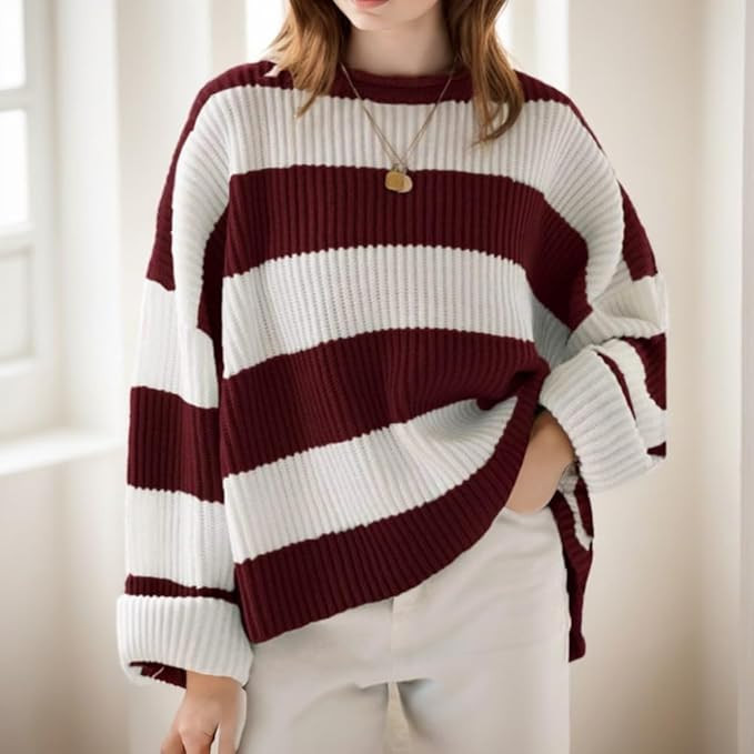 Women's 2024 Fall Long Sleeve Crew Neck Striped Color Block Comfy Loose Oversized Knitted Pullove... | Amazon (UK)