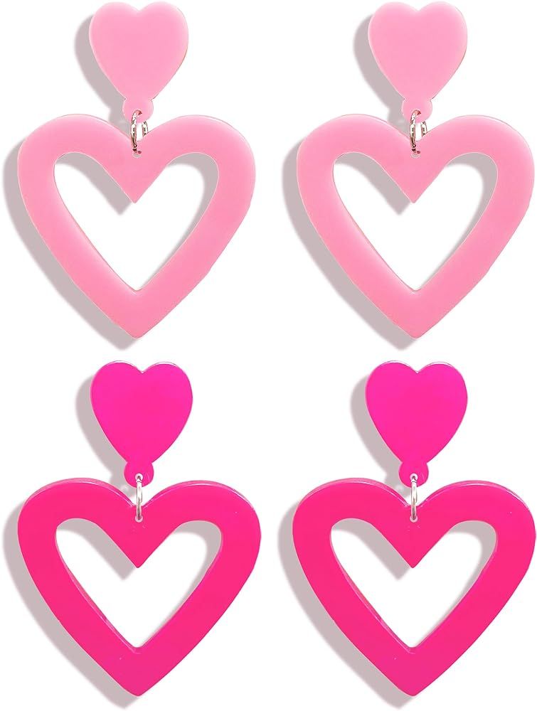 Hot Pink Earrings for Women Double Hearts Drop Earrings Hot Pink White Dangle Drop Earring Love H... | Amazon (US)