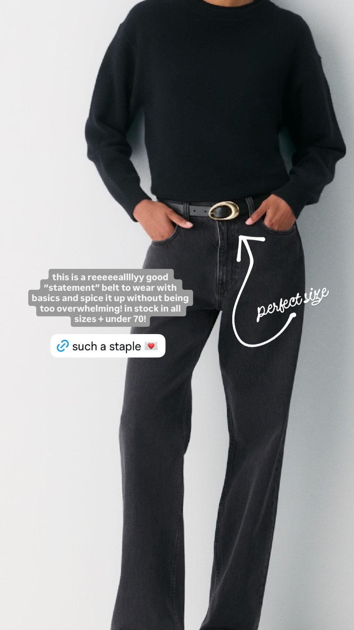 perfect size this is a reeeeeallllyy good “statement” belt to wear with basics and spice it up without being too overwhelming! in stock in all sizes + under 70!