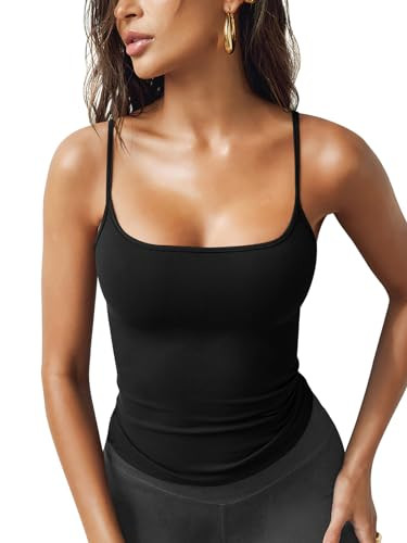 NODHUT Women's Tank Tops Sexy Slim Fit Spaghetti Strap Tank Top Cute Summer Square Neck Workout Camisole Tops Black M | Amazon (US)