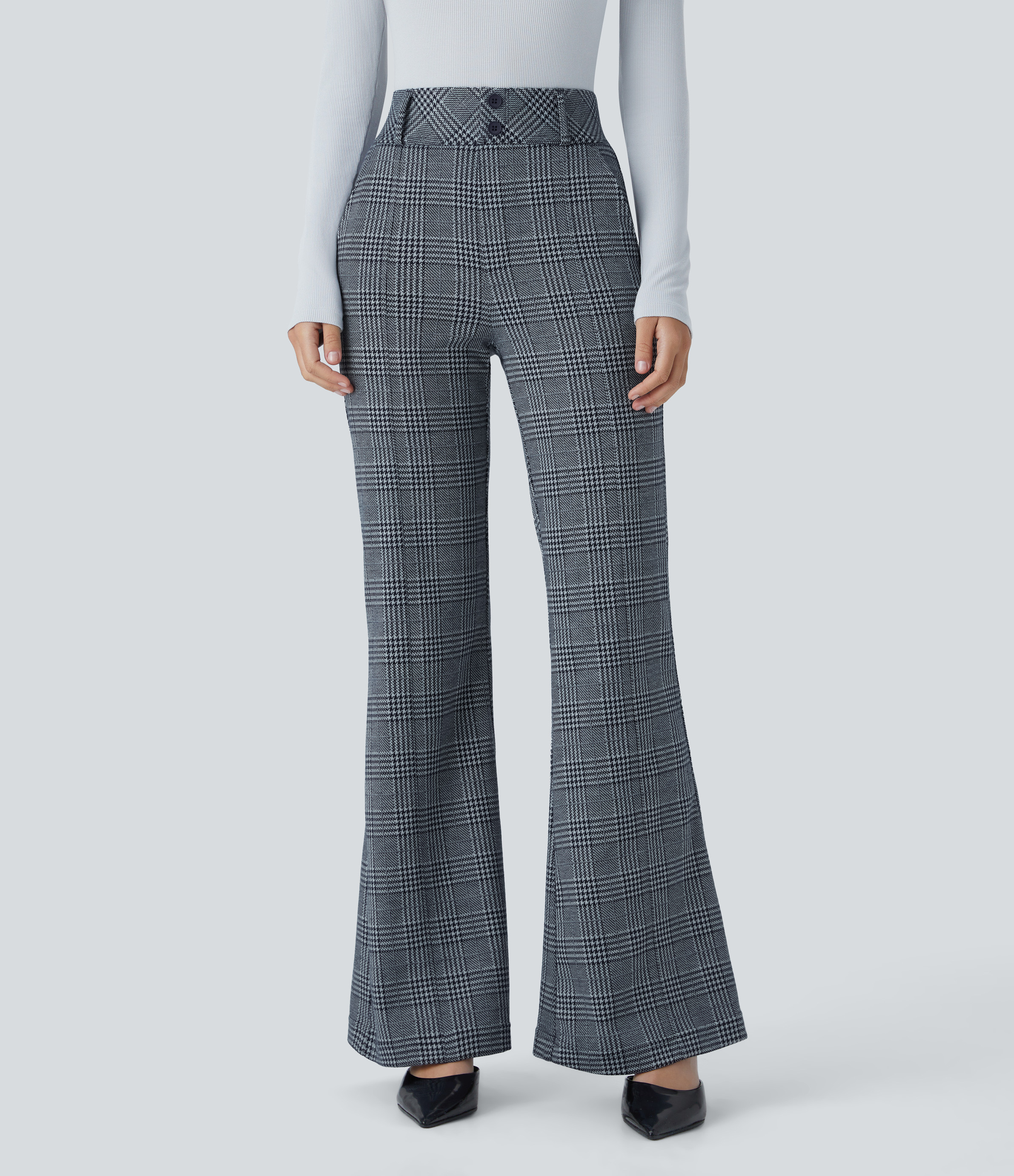 Halara Halara Flex™ High Waisted Decorative Button Side Pocket Houndstooth Plaid Work Flare Pants - Navy Blue Houndstooth Plaid - XL(regular) | HALARA