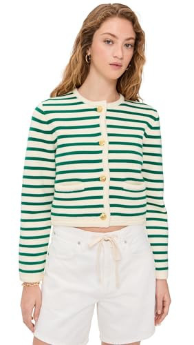 English Factory Women's Knit Striped Sweater Cardigan, White/Green, L | Amazon (US)